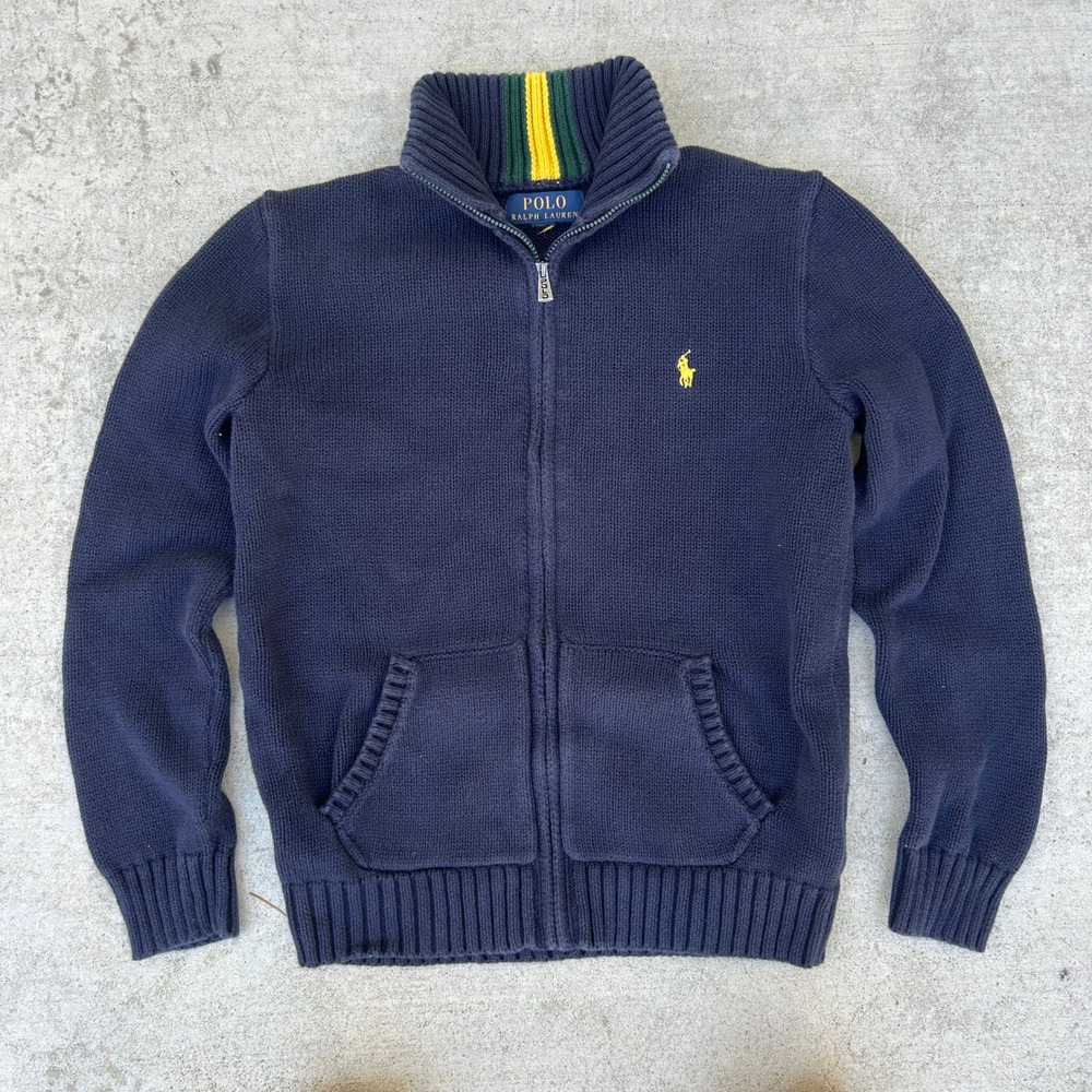 Polo Ralph Lauren Full Zip Sweater XS Navy Blue Yellow Pony Logo Y2K Preppy Knit